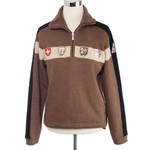 CAMPAGNOLO Brown Wool Blend Ski Theme Patches 1/4 Zip Sweater Vintage
